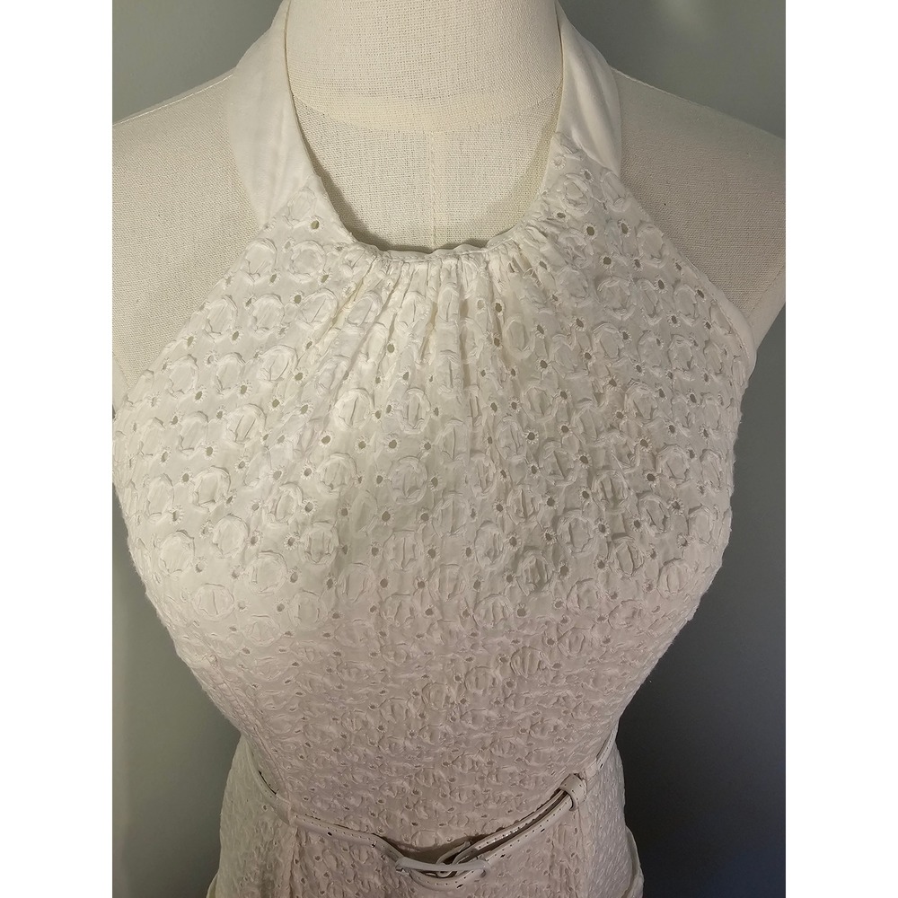 London Times White Eyelet Halter Dress with Belt and Pockets Fully Lined Size 8 - Picture 3 of 6